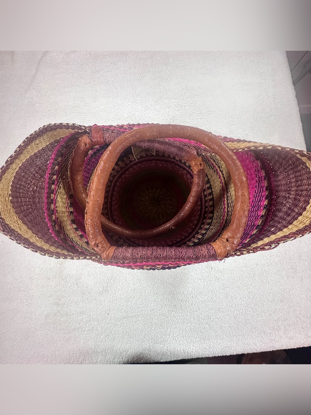 Handwoven Pink, Brown & Natural Straw Tote Basket - Picture 3 of 7